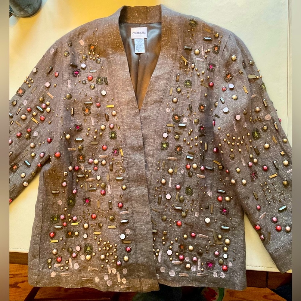 #Chico’s linen blend lined jacket with embroidery and pearls and sequins